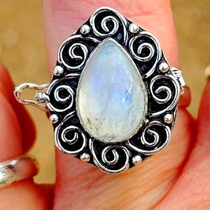 New Rainbow Moonstone 925 Silver Poison Ring.